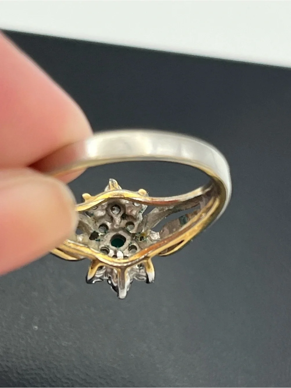 14k gold electroplate green & clear rhinestone cluster cocktail ring sz 8.75
